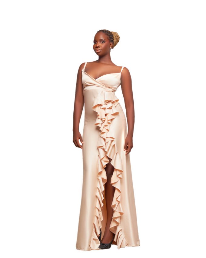 Champagne Ruffle Front Gown