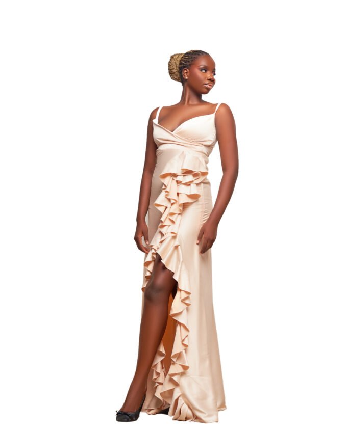 Champagne Ruffle Front Gown